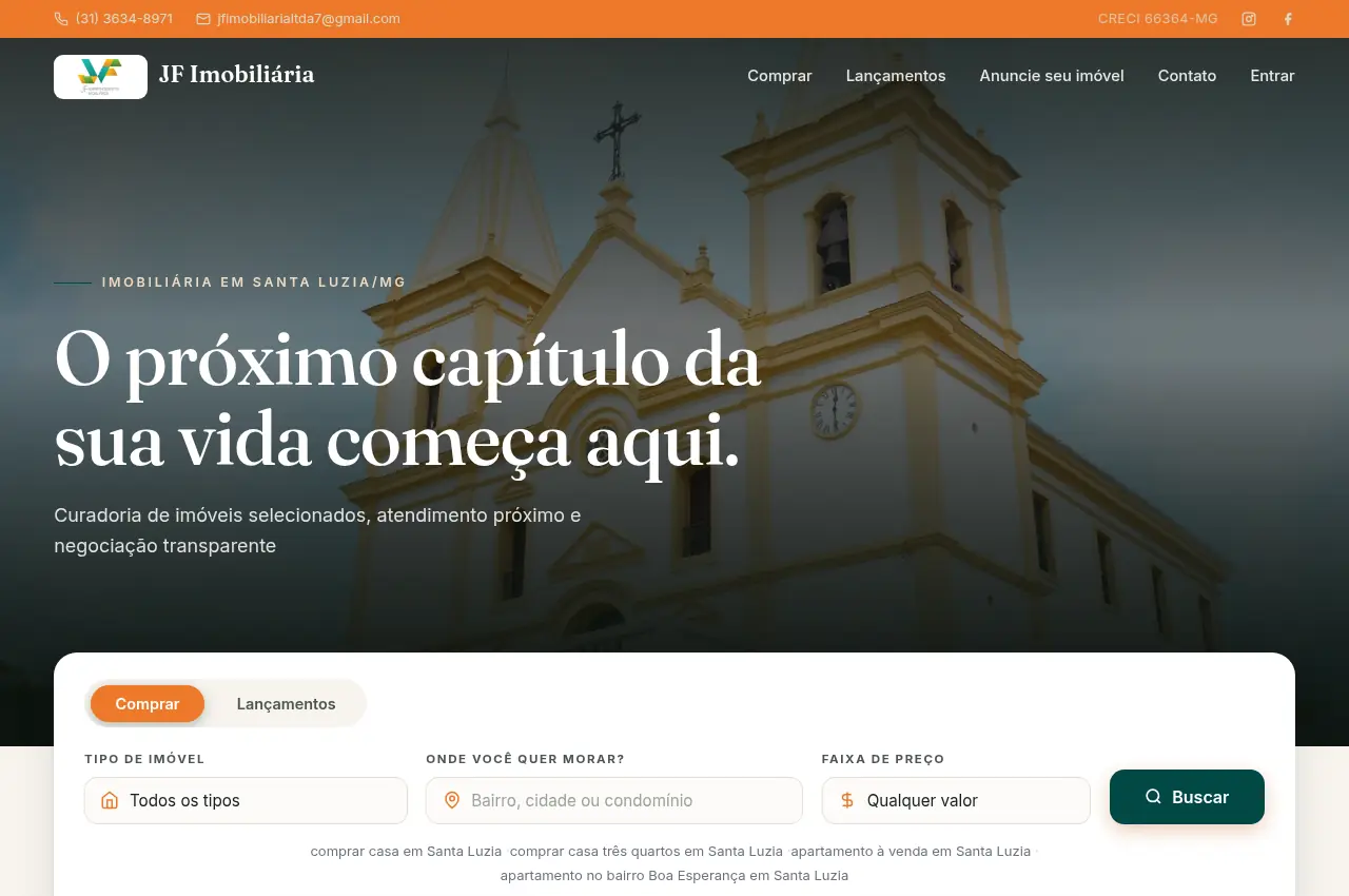 Página inicial do site da JF Imobiliária em imobiliariajf.com.br: busca de imóveis à venda em Santa Luzia/MG sobre foto da igreja matriz