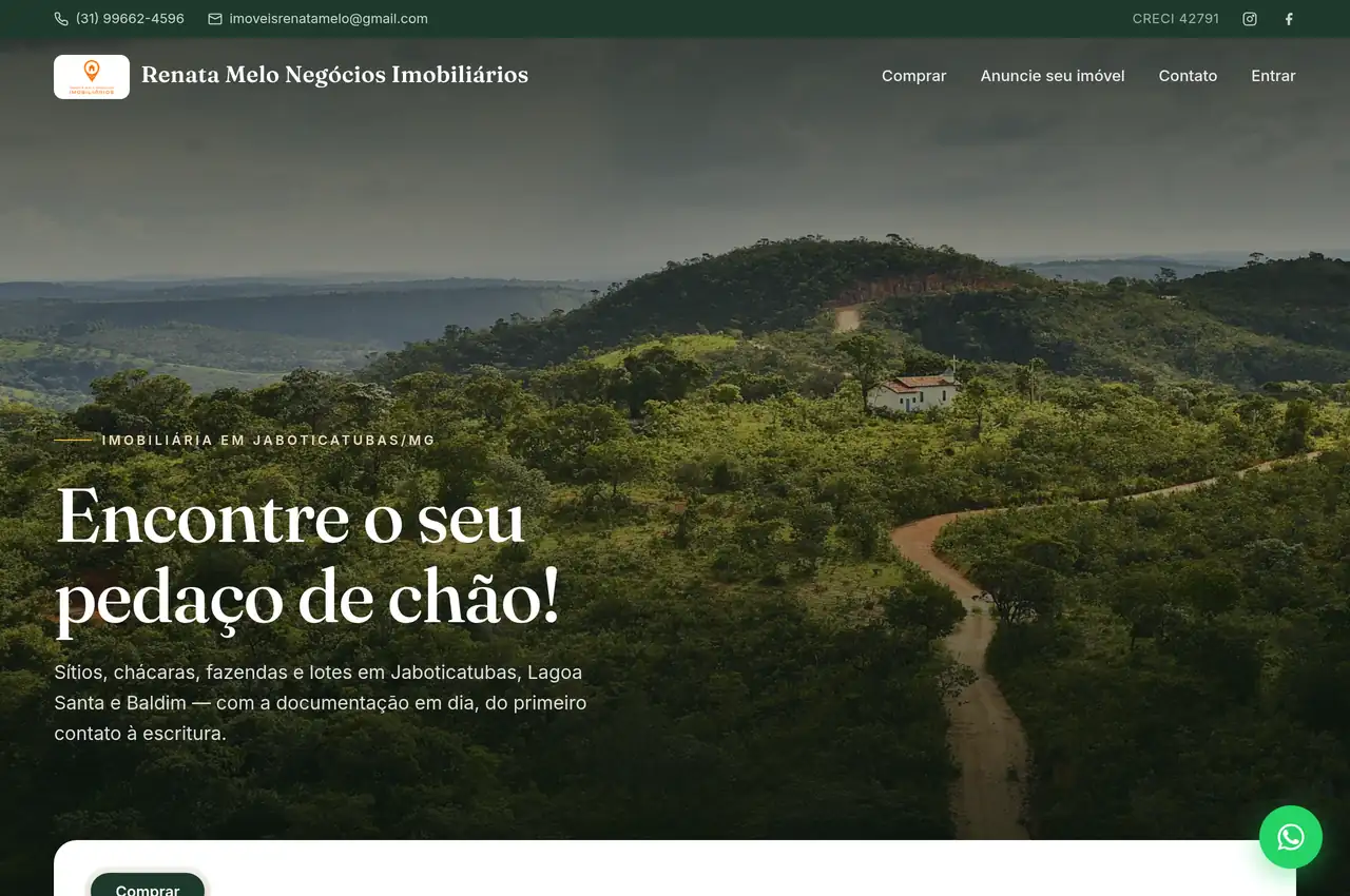 Página inicial do site de Renata Melo Negócios Imobiliários em imoveisrenatamelo.com.br: sítios, chácaras, fazendas e lotes em Jaboticatubas/MG sobre foto da serra
