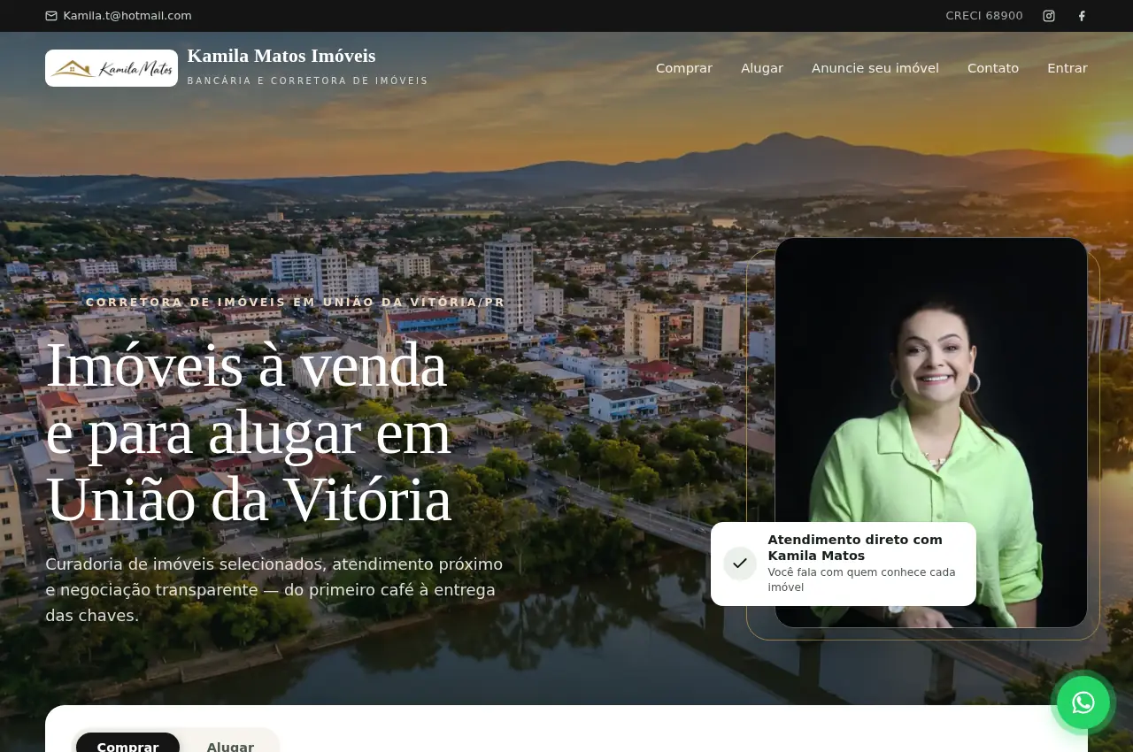 Página inicial do site de Kamila Matos Imóveis em kamilamatosimoveis.com.br: imóveis à venda e para alugar em União da Vitória/PR, com o retrato da corretora sobre foto aérea da cidade